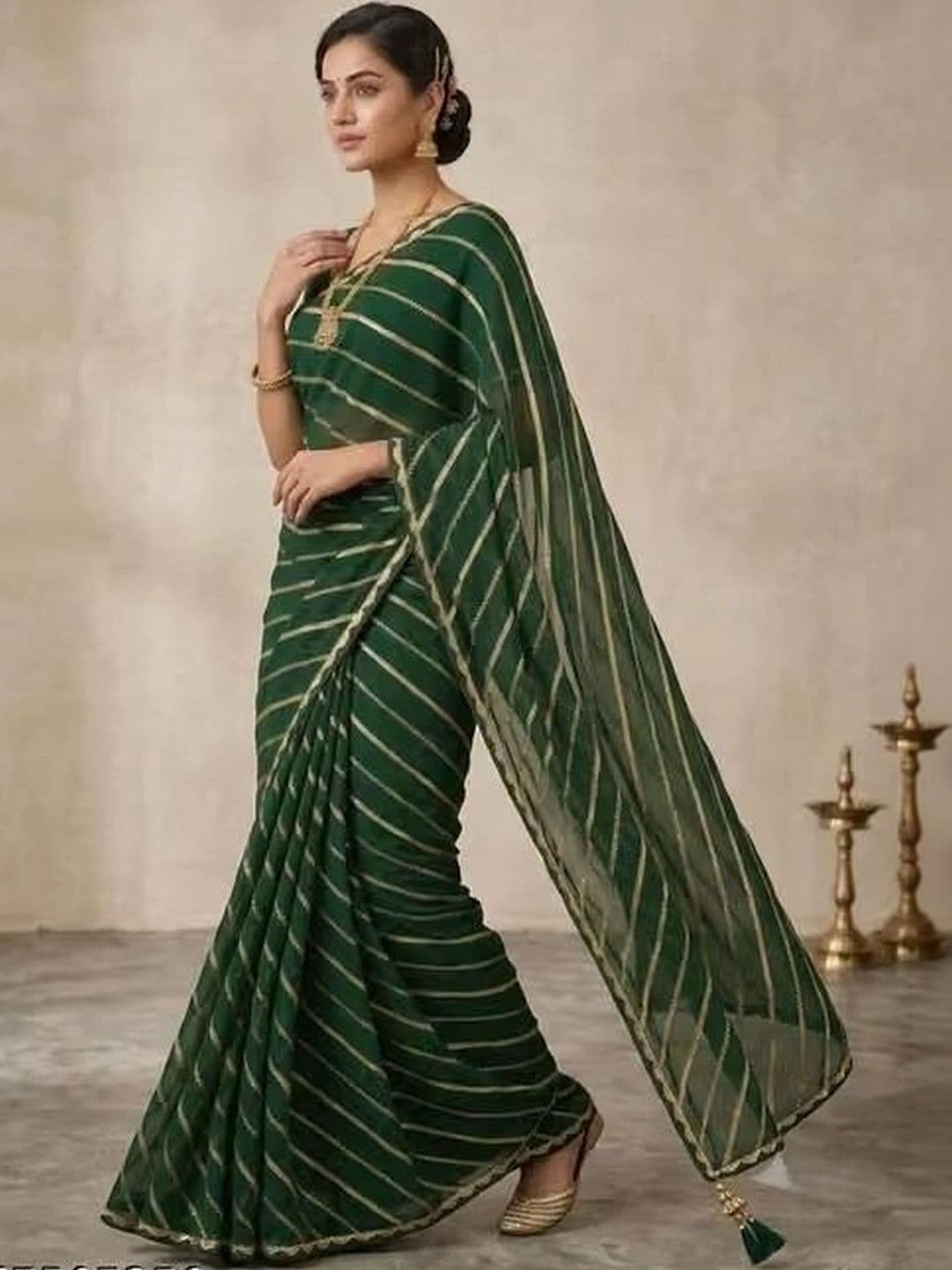 RENBRIZA Striped Zari Poly Georgette Leheriya Saree thumbnail 3