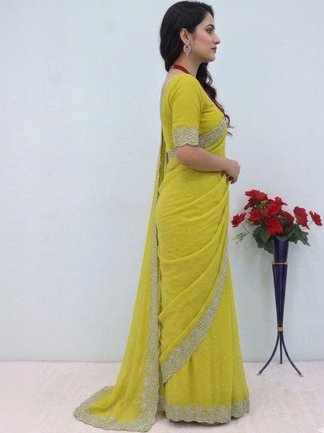 SmileyFashion Embellished Embroidered Pure Georgette Designer Saree thumbnail 2