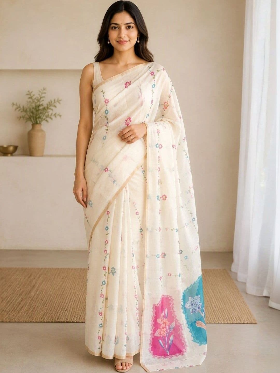 Saatika Cotton Linen Floral Printed Saree with Unstitched Blouse - view 1