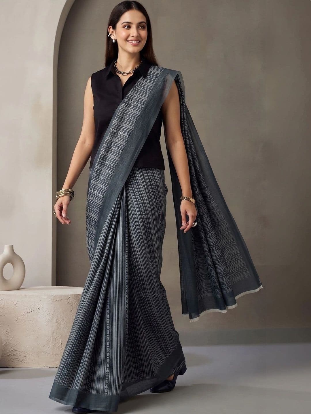 BORAD FASHION Striped Designer Chanderi Saree - view 1