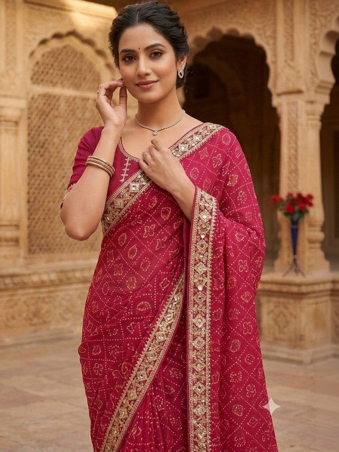 SmileyFashion Bandhani Embroidered Art Silk Designer Bandhani Saree thumbnail 5