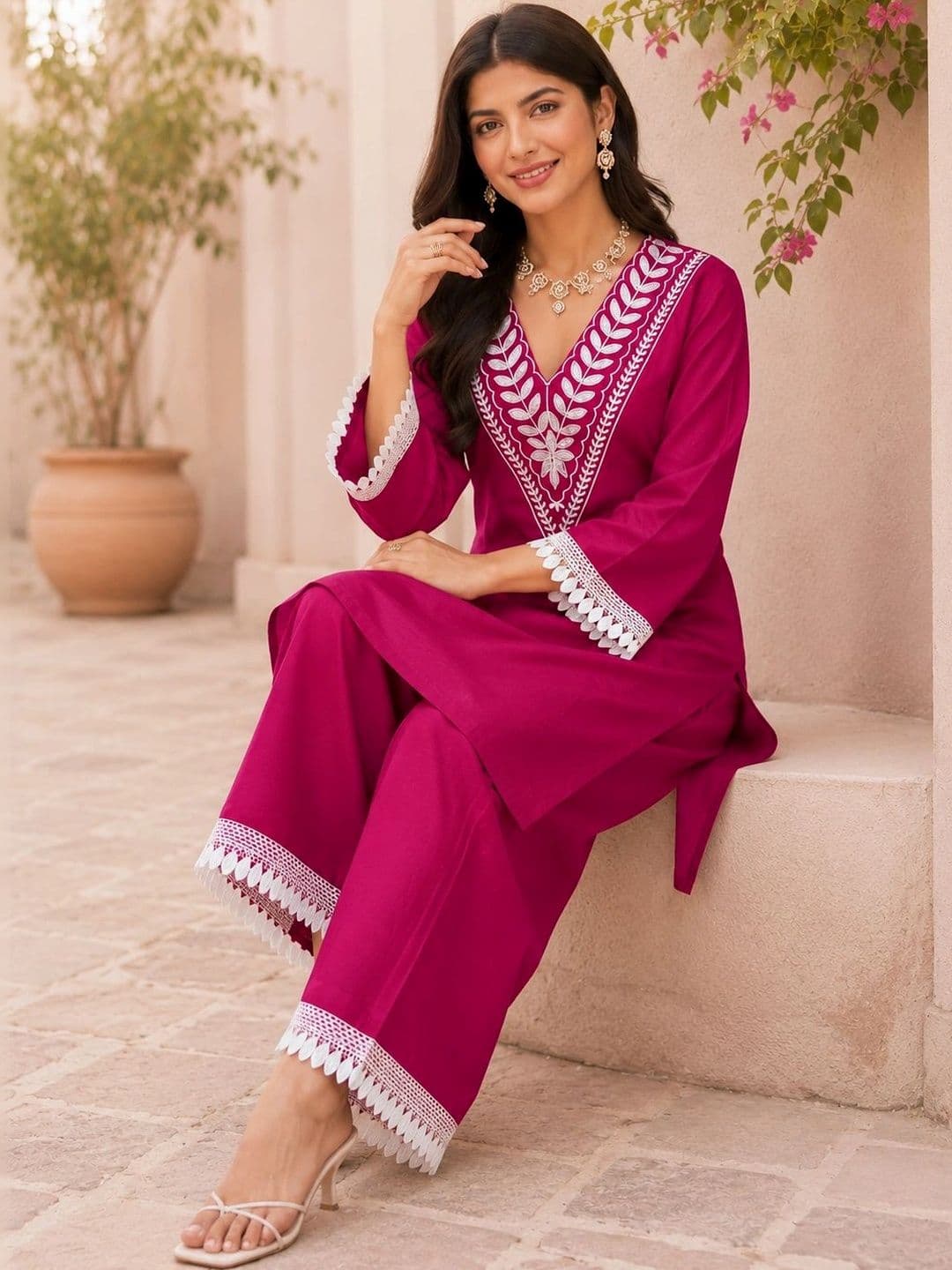 BILANZA Women Ethnic Motifs Embroidered Regular Thread Work Kurta with Palazzos thumbnail 4
