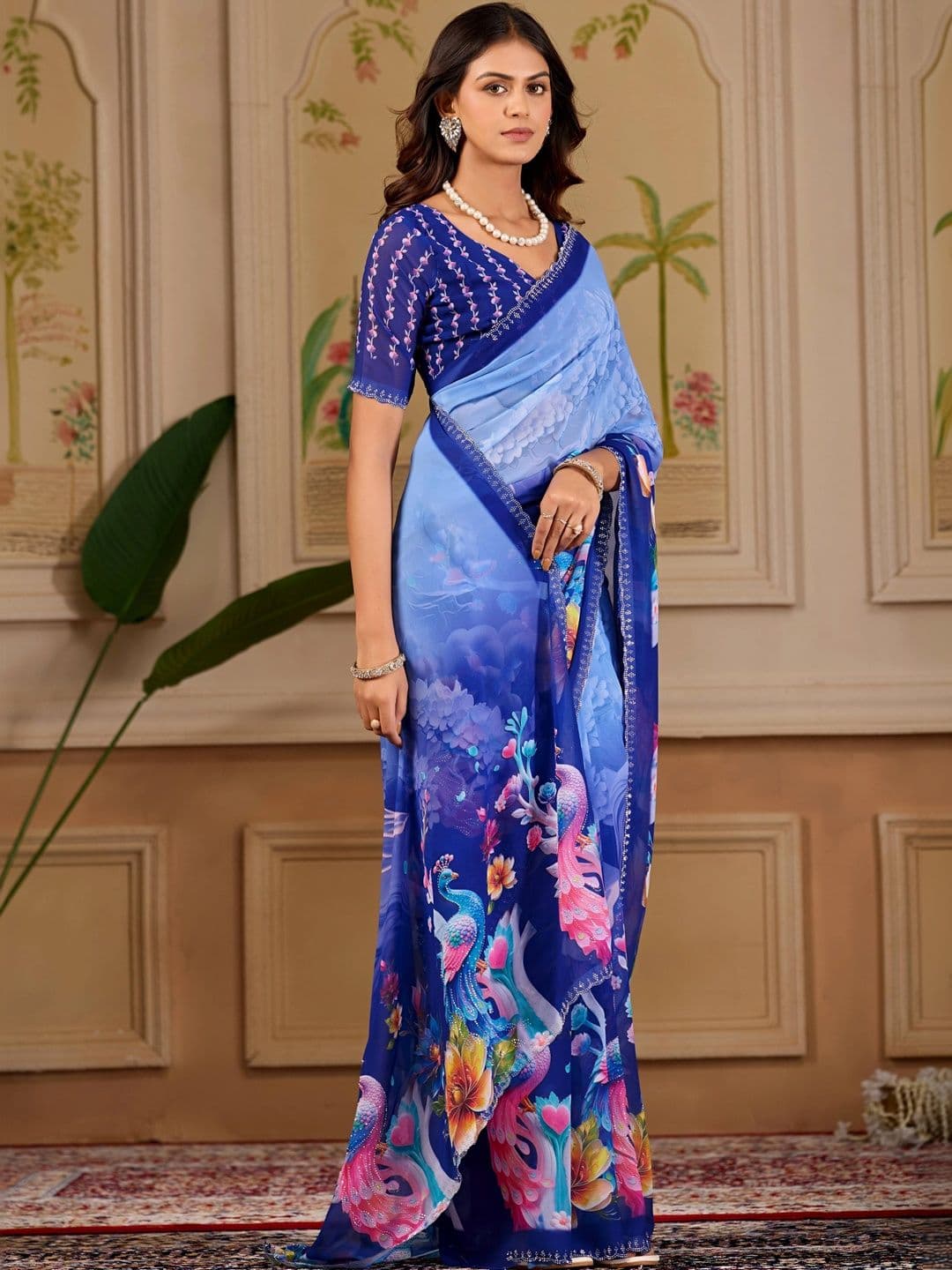 K 5 Fashion Floral Embroidered Pure Georgette Fusion Ikat Saree thumbnail 7