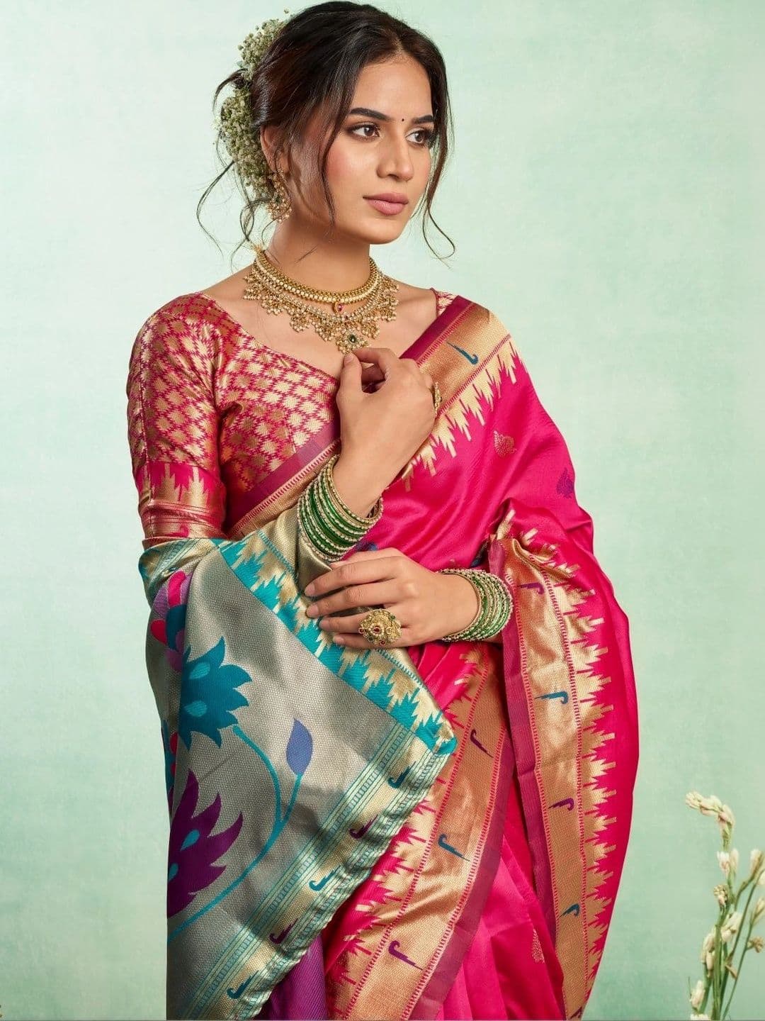 BORAD FASHION Woven Design Zari Silk Blend Designer Paithani Saree thumbnail 2