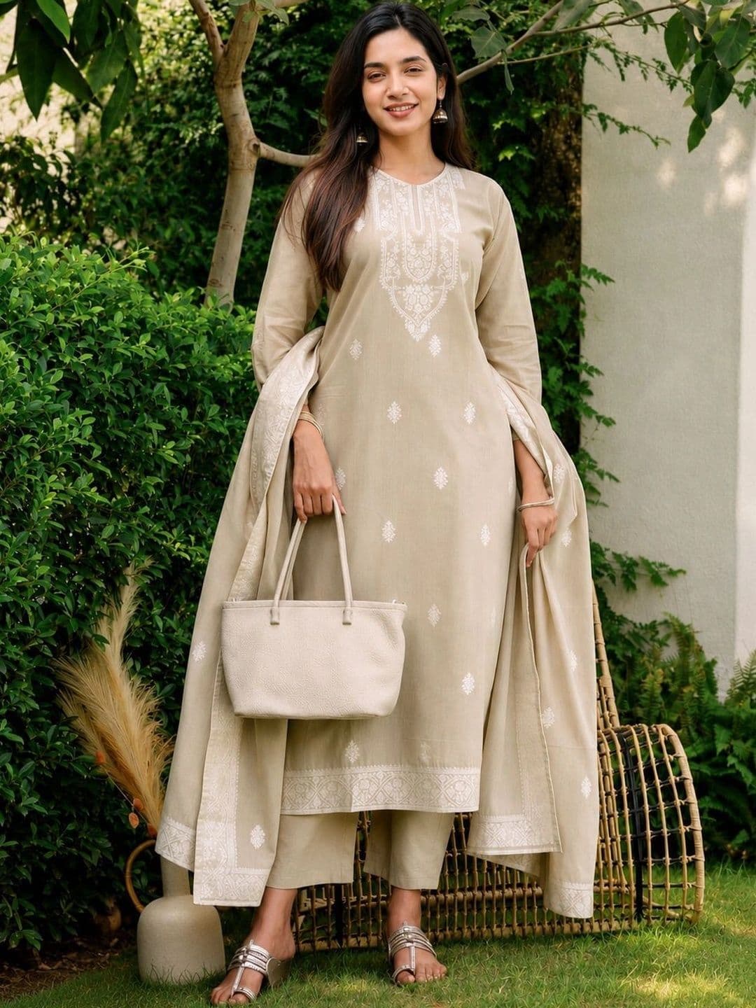 evadesignerstudio Women Ethnic Motifs Embroidered Regular Chikankari Pure Cotton Kurta with Trousers & With - view 1