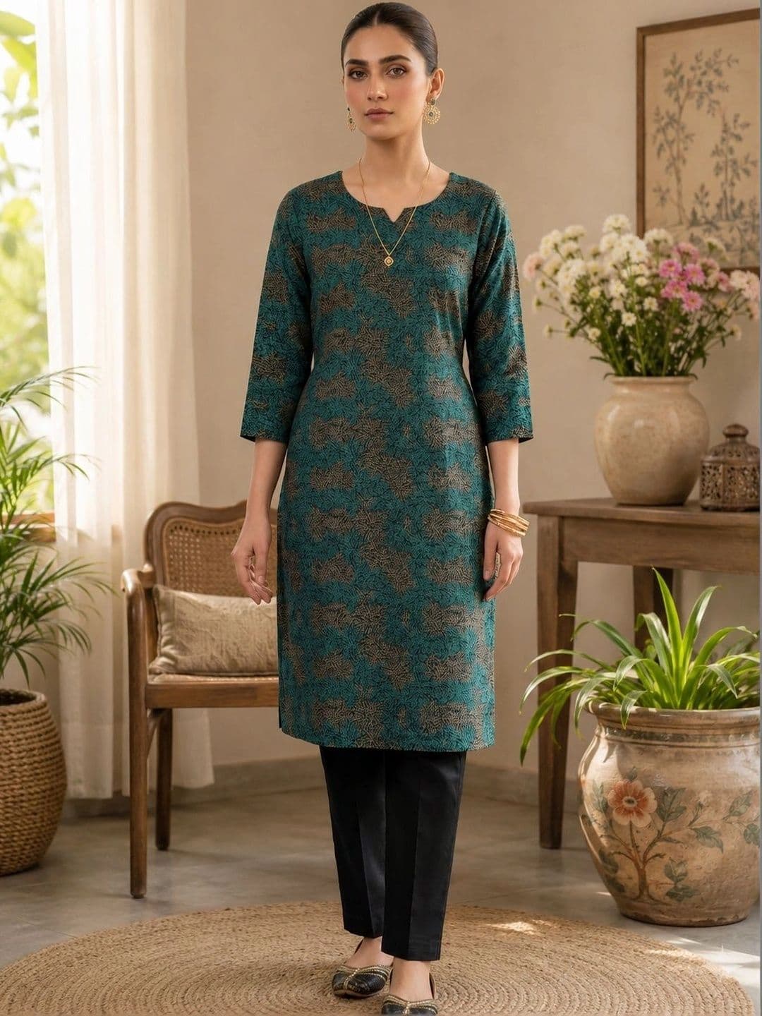 Khasmuda Attire Women Ethnic Motifs Printed Regular Pure Cotton Kurti with Trousers - view 1