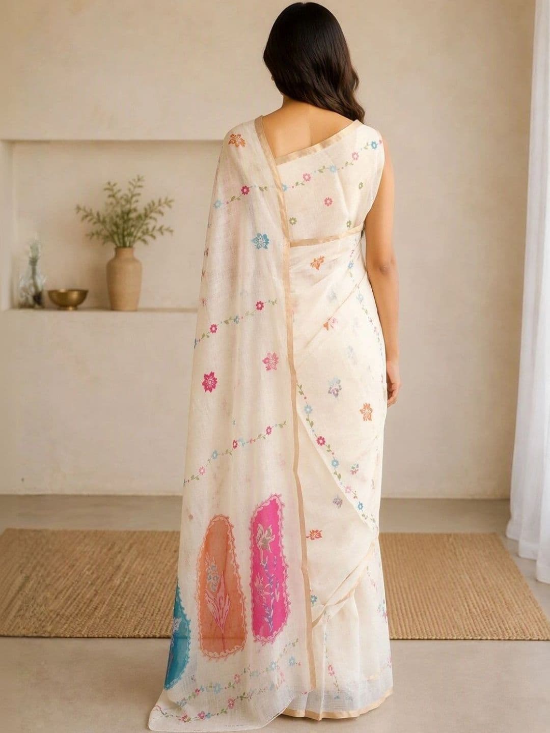 Saatika Cotton Linen Floral Printed Saree with Unstitched Blouse thumbnail 2