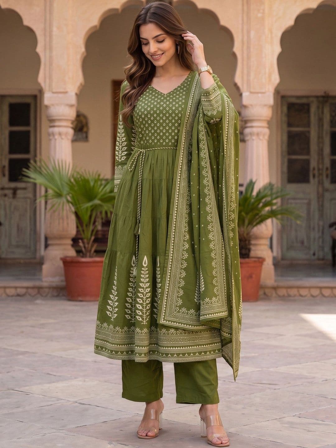 Sangria Women Ethnic Motifs Embroidered Tiered Thread Work Pure Cotton Kurta with Trousers & With Dupatta thumbnail 2