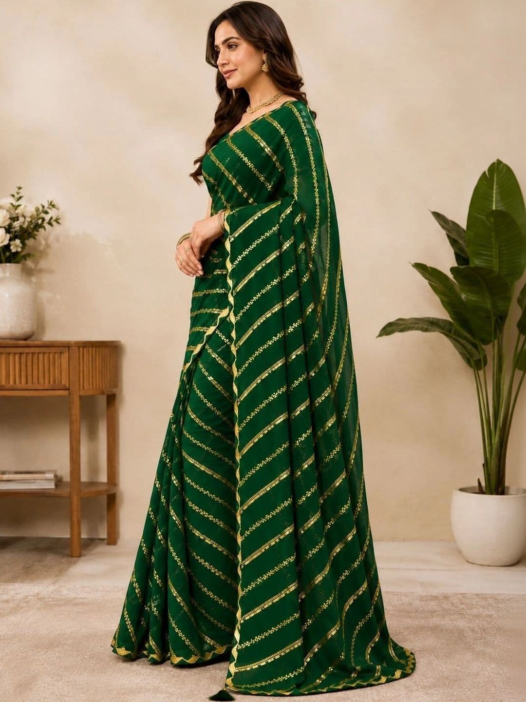 RENBRIZA Striped Zari Poly Georgette Leheriya Saree - view 1