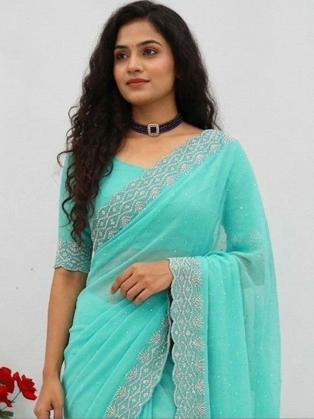 SmileyFashion Embellished Embroidered Pure Georgette Designer Saree thumbnail 2