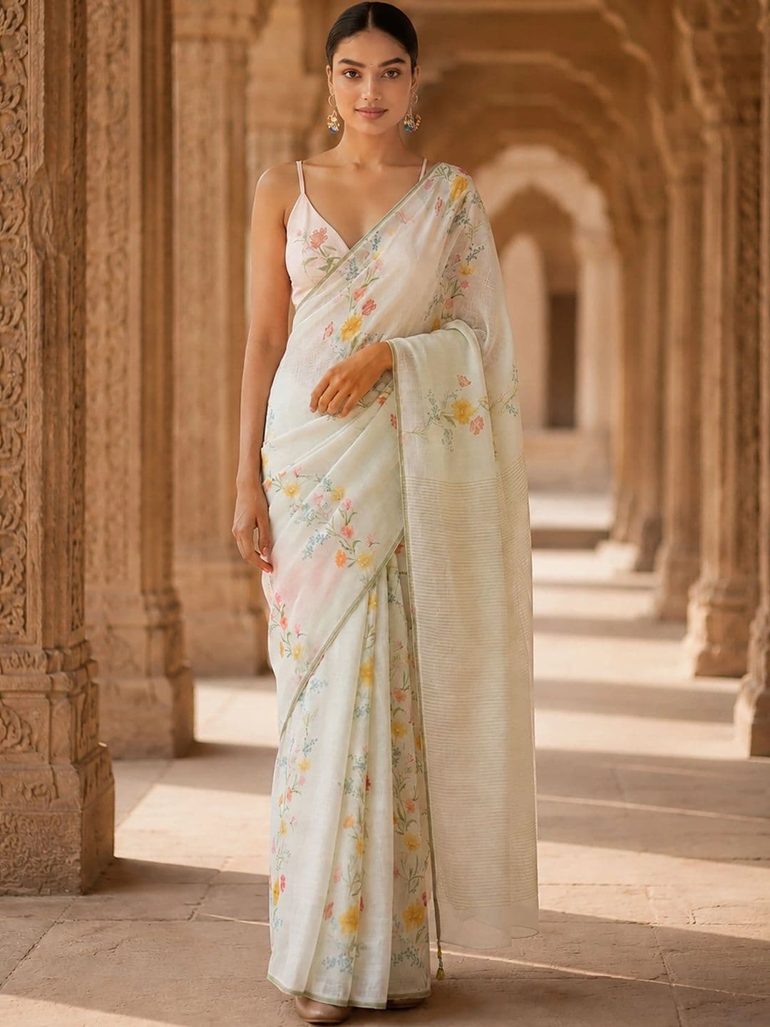 Mitera Floral Linen Blend Designer Block Print Saree - view 1