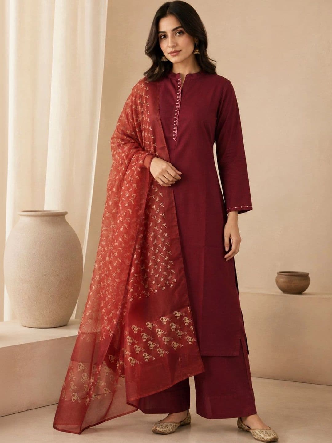 JAIPUR KURTI LUXE Women Ethnic Motifs Regular Thread Work Kurta & Palazzos  With Dupatta - view 1