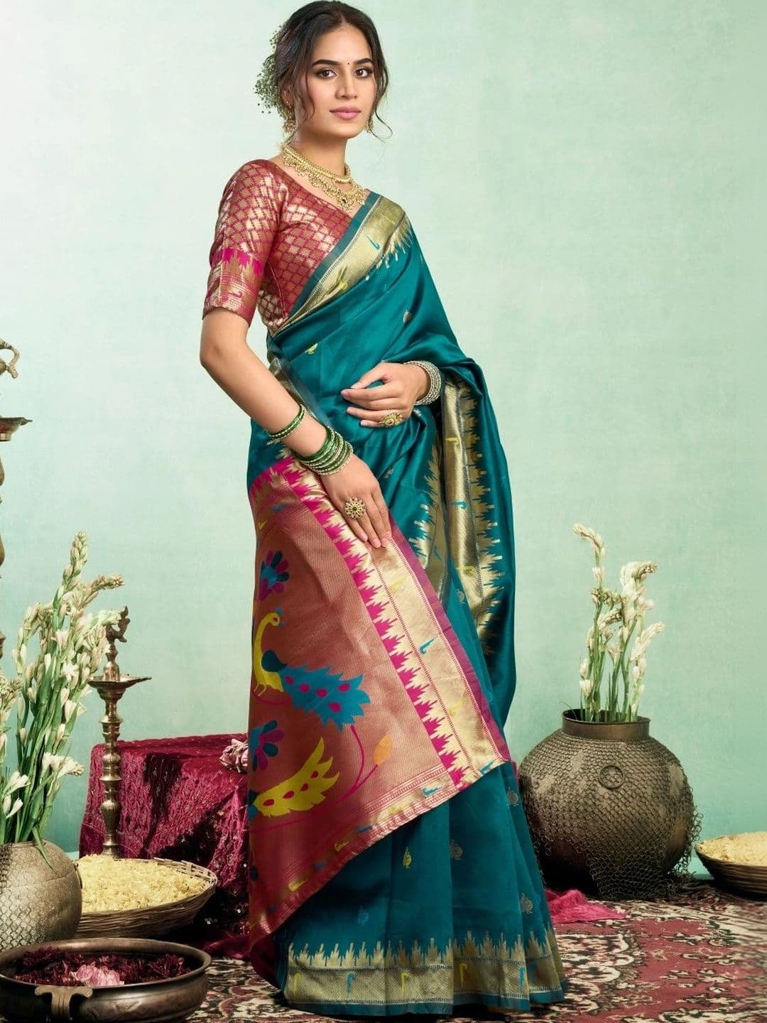 BORAD FASHION  Women Woven Design Zari Silk Blend Designer Paithani Saree thumbnail 3