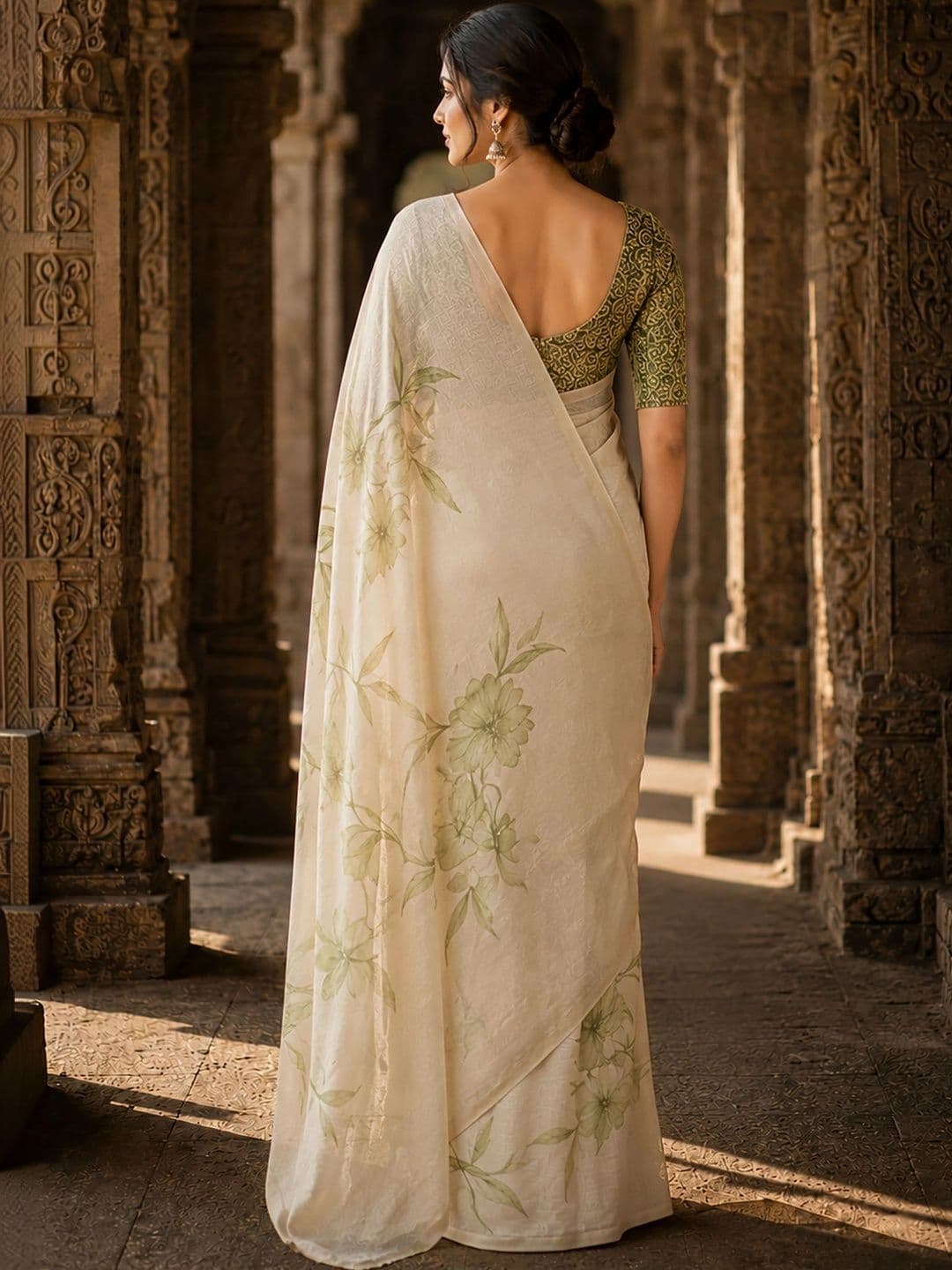 Mitera Floral Linen Blend Designer Block Print Saree thumbnail 5