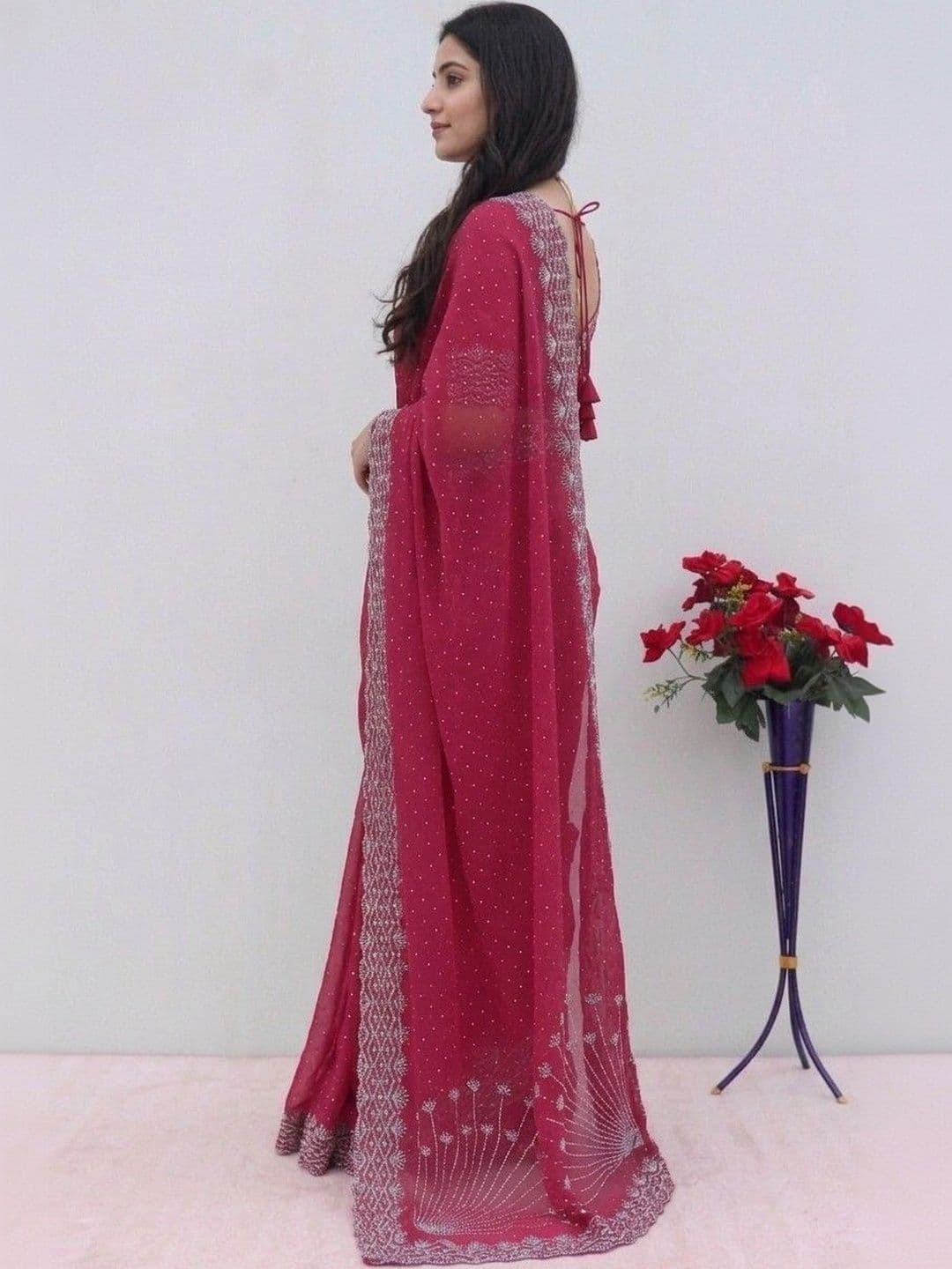 SmileyFashion Embellished Pure Georgette Designer Saree thumbnail 4