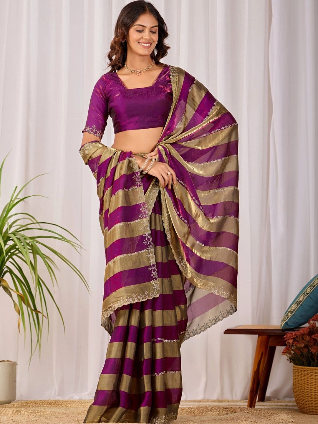 K 5 Fashion Striped Zari Satin Fusion Ikat Saree thumbnail 7