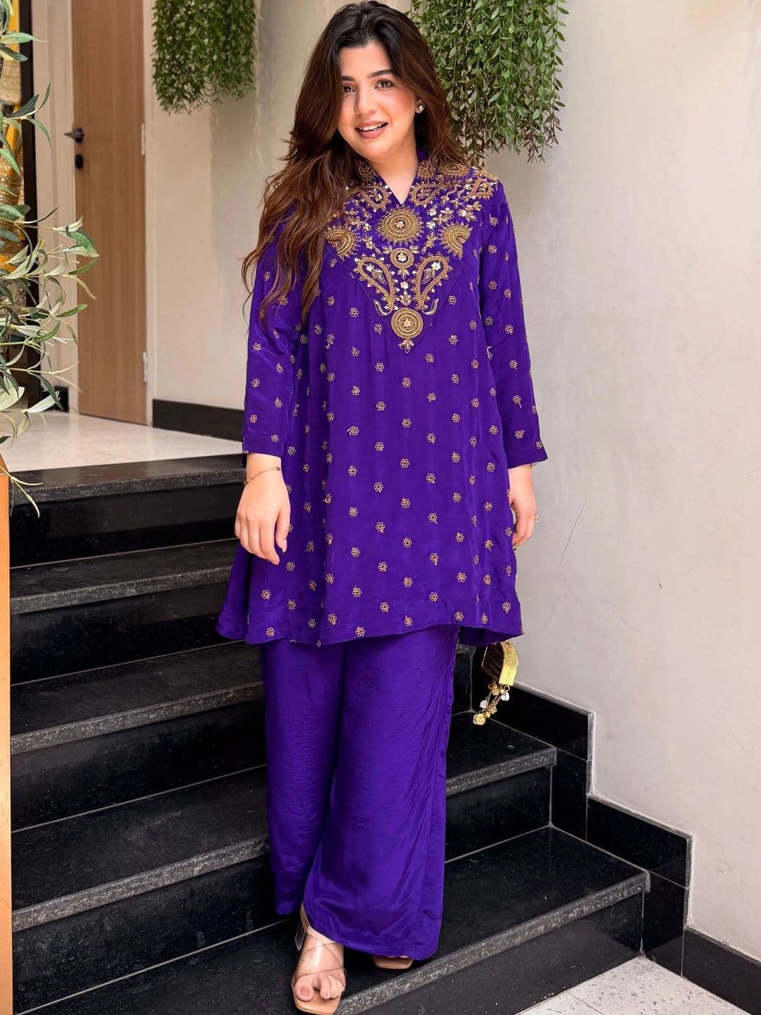 KALINI Women Ethnic Motifs Embroidered Regular Thread Work Silk Crepe Kurta with Palazzos thumbnail 4