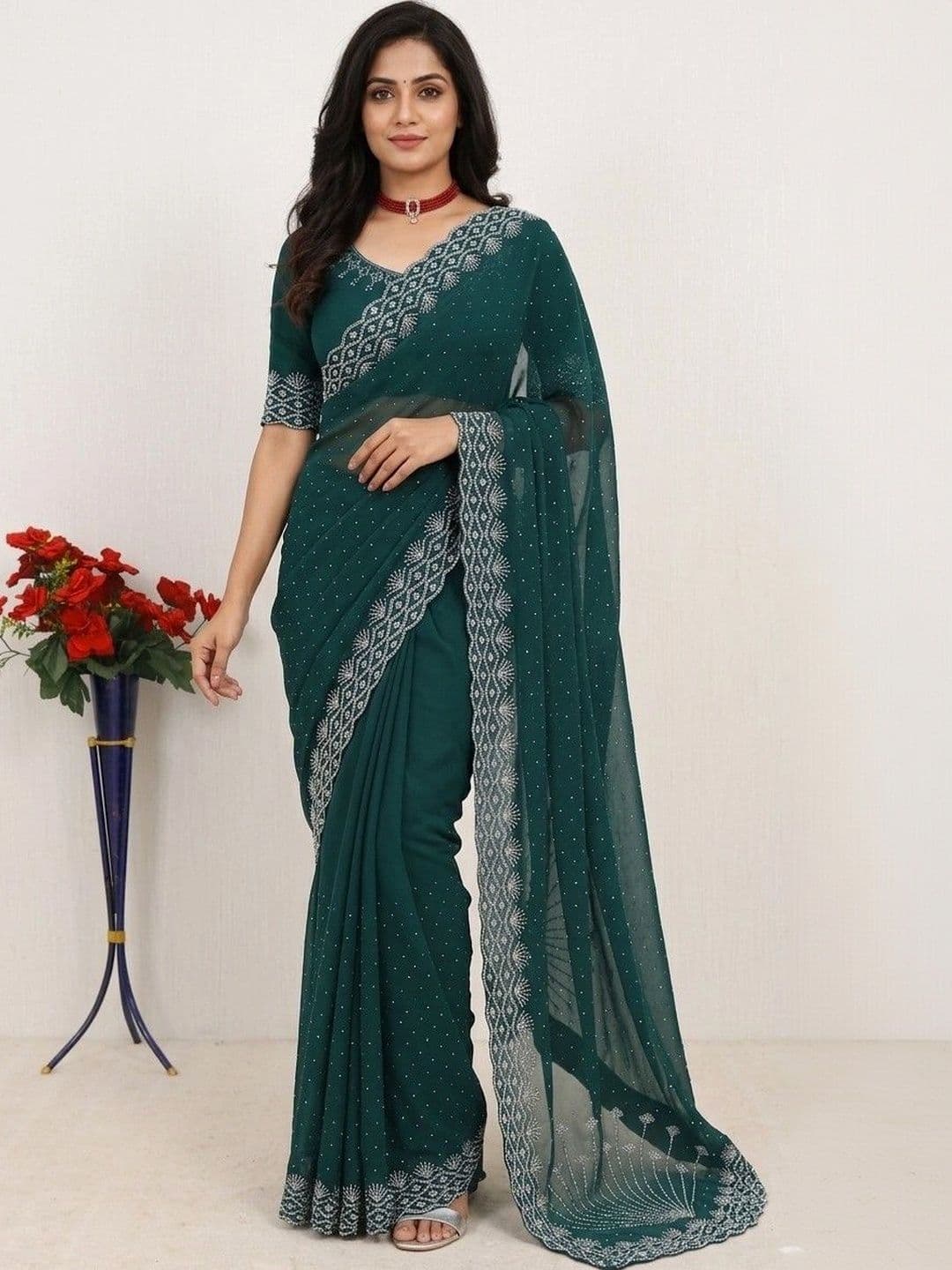 SmileyFashion Embellished Embroidered Pure Georgette Designer Saree - view 1