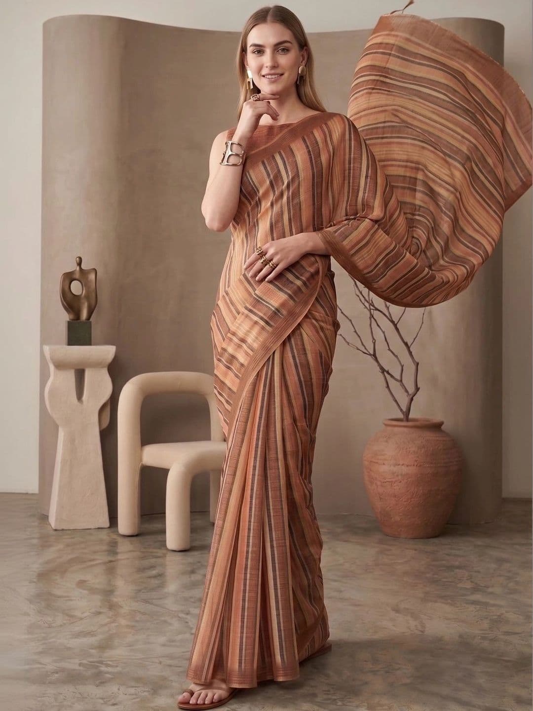 BORAD FASHION Women Striped Designer Chanderi Saree thumbnail 3