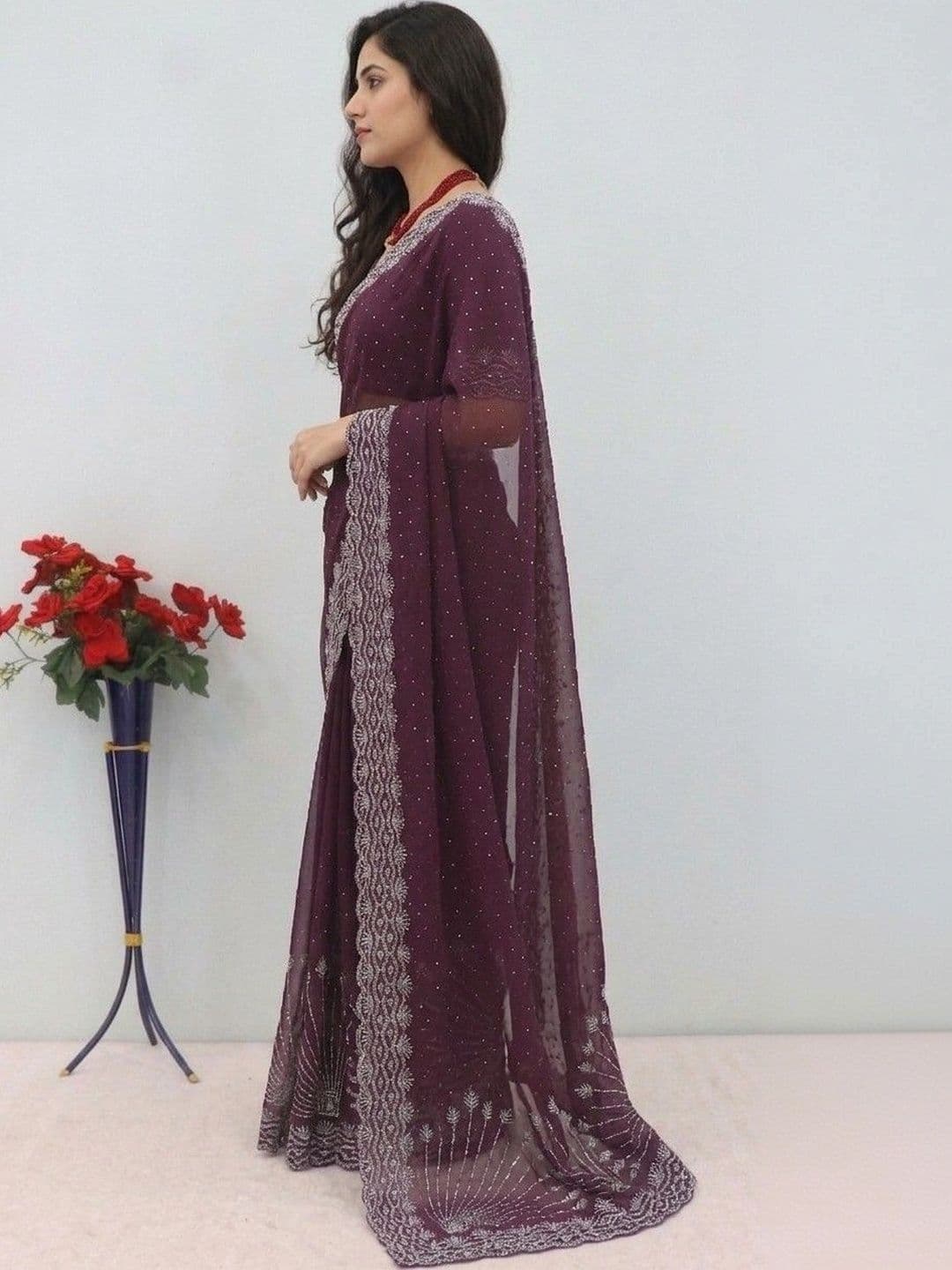 SmileyFashion Embellished Embroidered Pure Georgette Designer Saree thumbnail 2