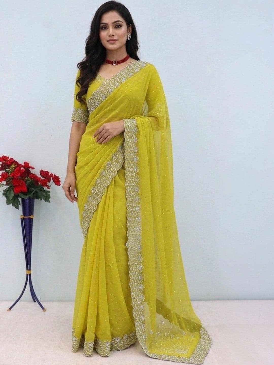 SmileyFashion Embellished Embroidered Pure Georgette Designer Saree - view 1