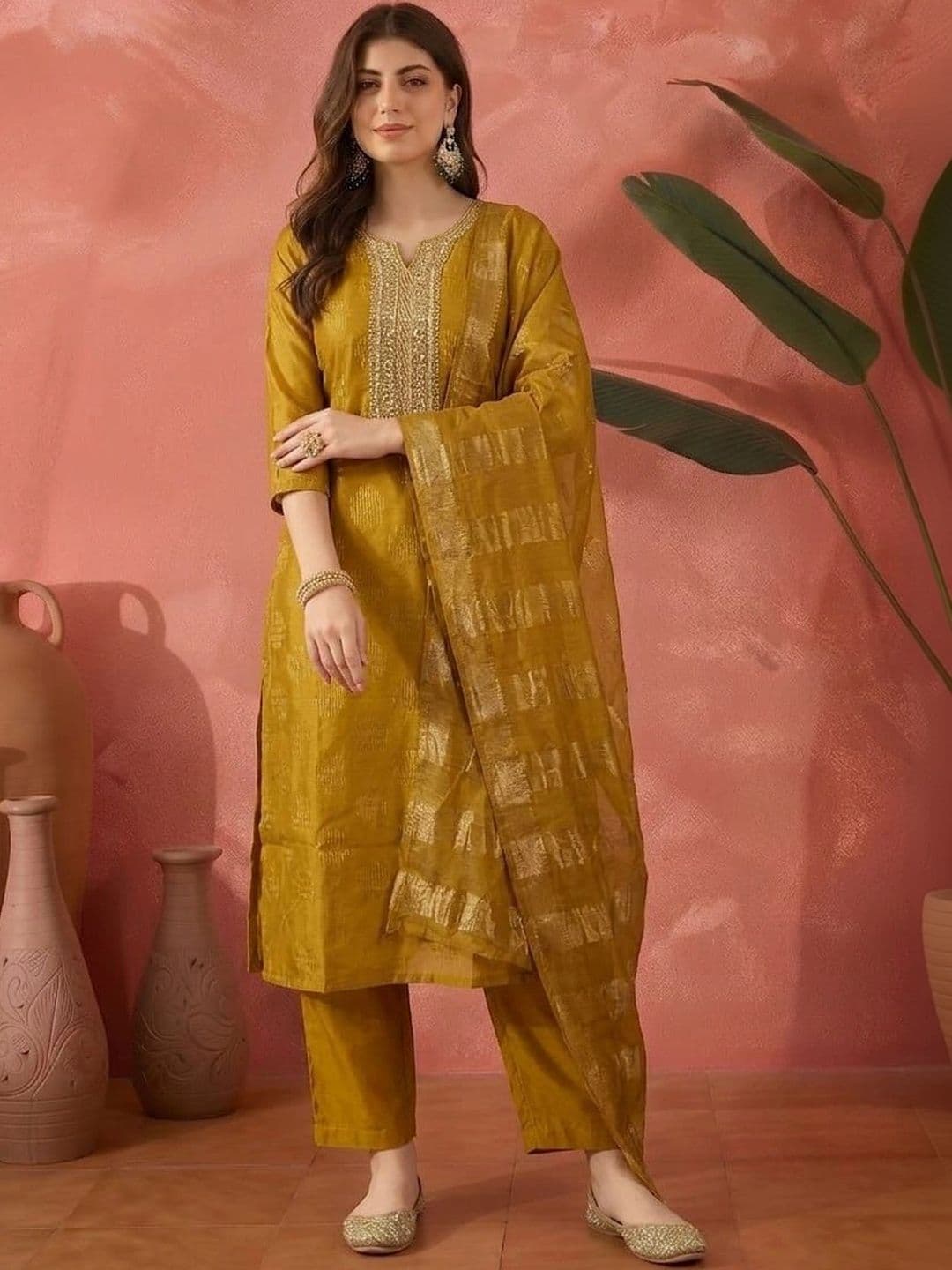Sangria Women Ethnic Motifs Regular Thread Work Kurta with Trousers & With Dupatta - view 1