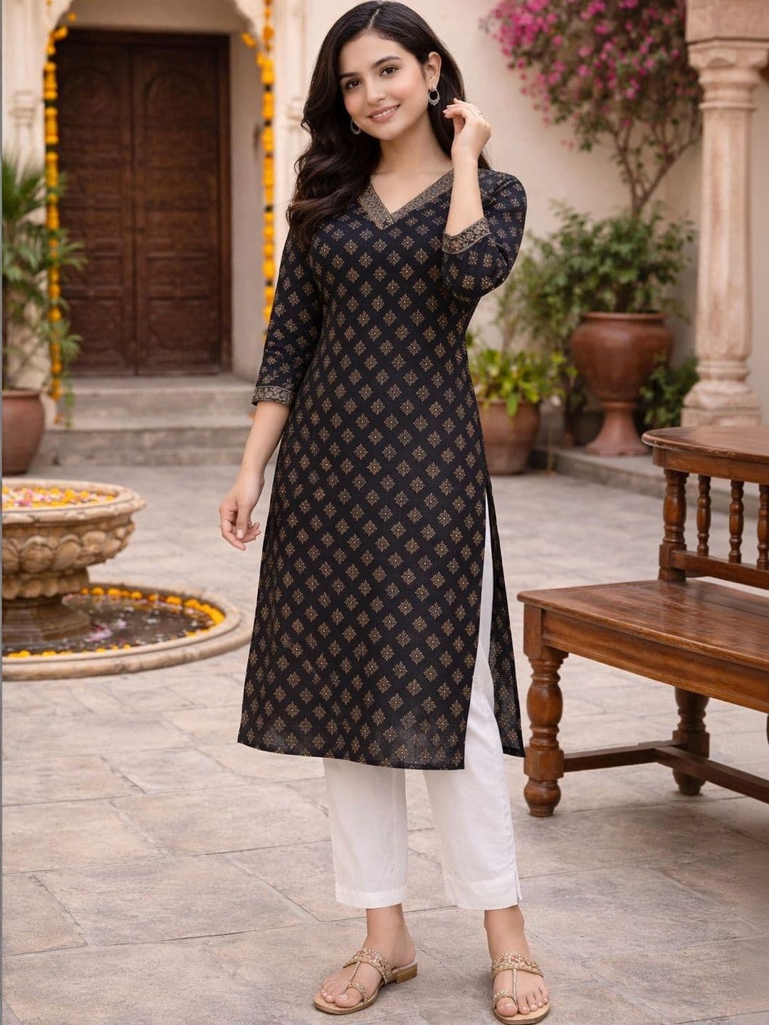 Moda Rapido Women Ethnic Motifs Printed V-Neck Pure Cotton Blend Kurti - view 1