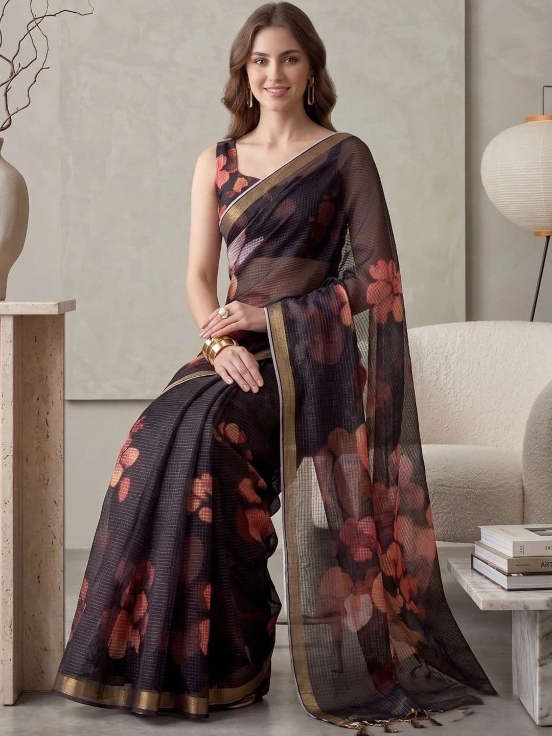 BORAD FASHION Floral Designer Chanderi Saree thumbnail 3