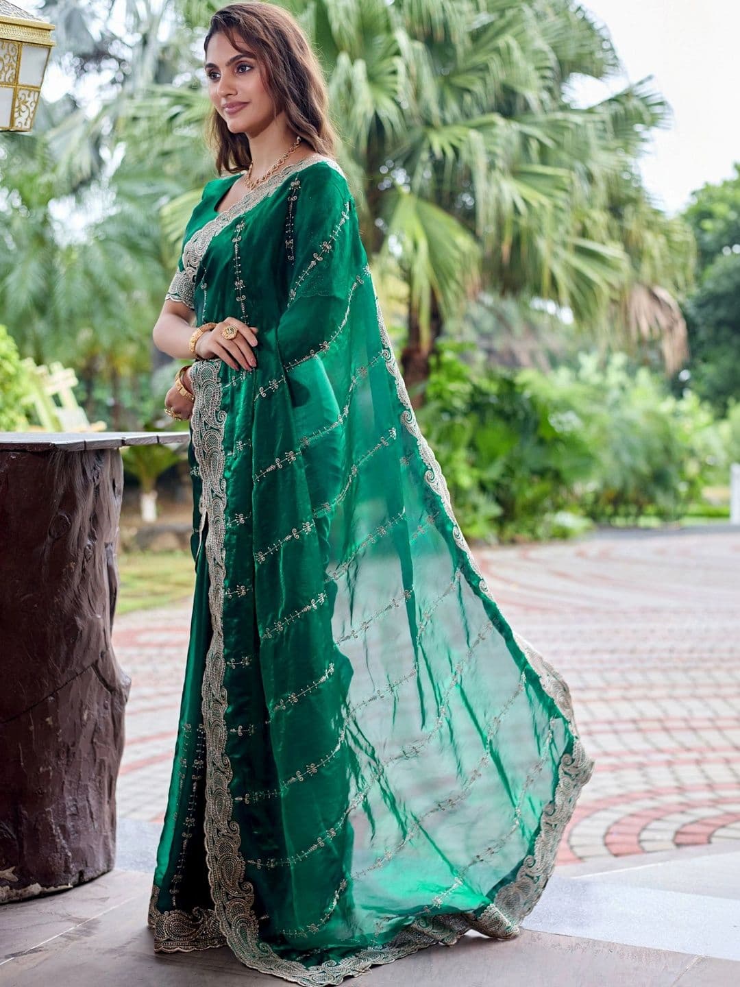K 5 Fashion Ethnic Motifs Embroidered Satin Fusion Ikat Saree thumbnail 3