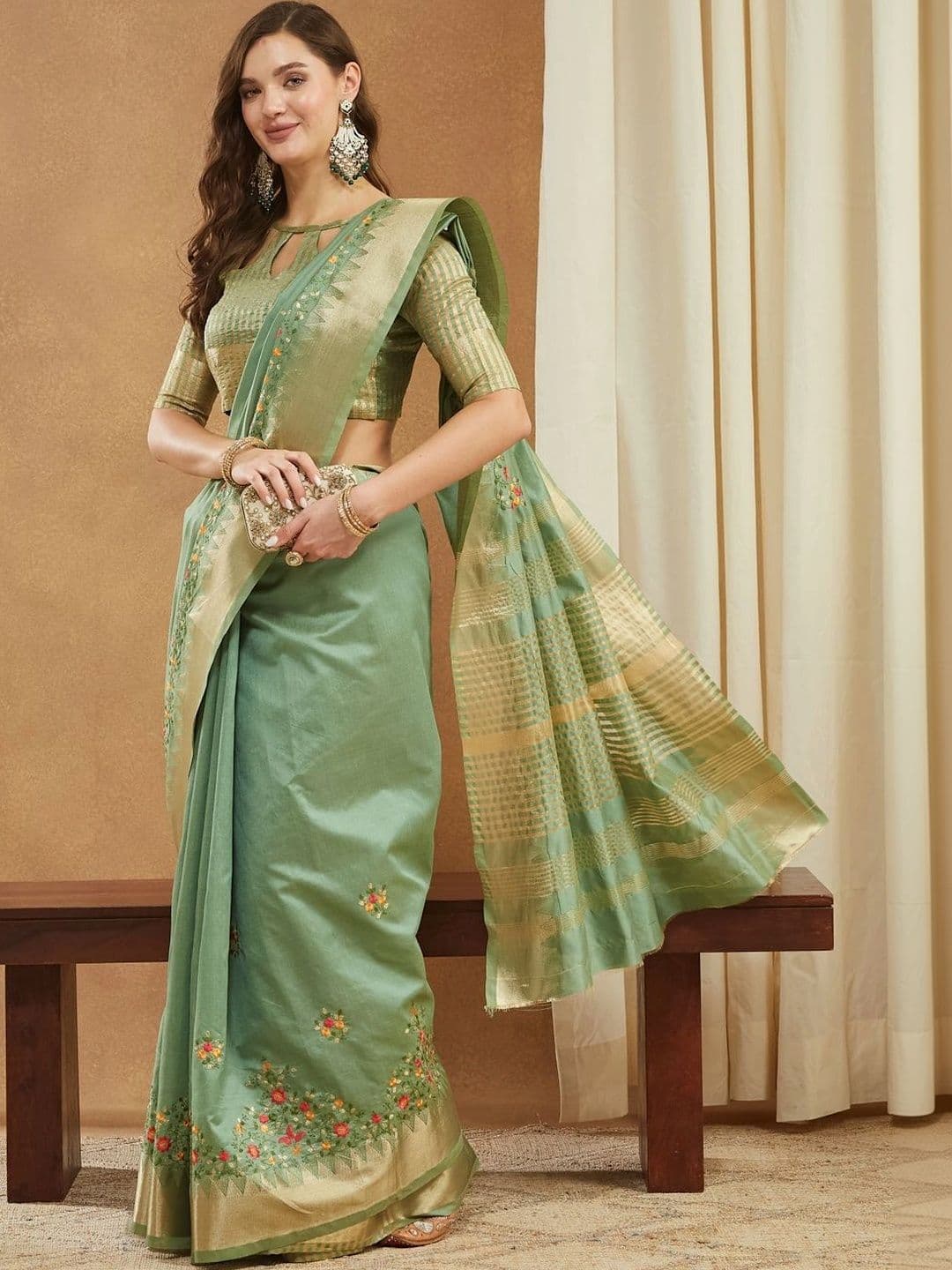 Sangria Floral Embroidered Art Silk Kasavu Saree - view 1