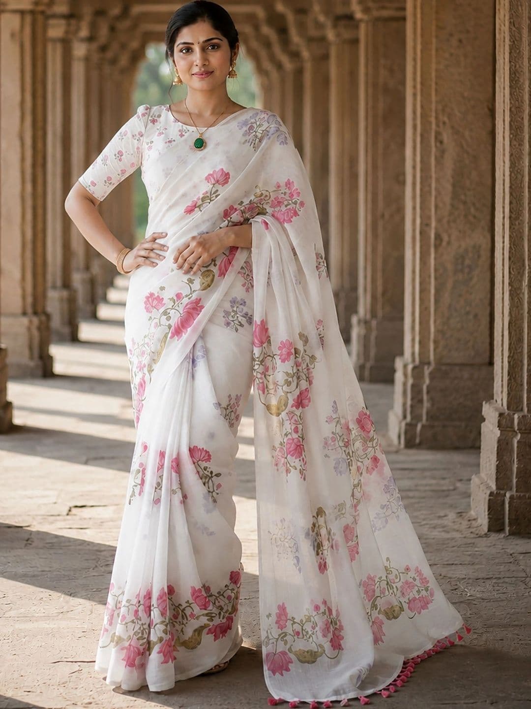 Mitera Floral Linen Blend Designer Block Print Saree thumbnail 2