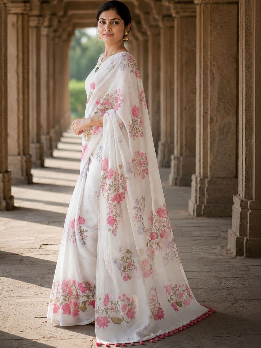 Mitera Floral Linen Blend Designer Block Print Saree - view 1