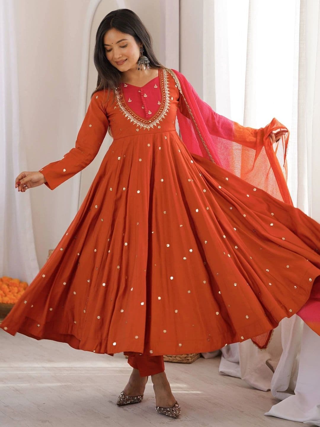 SAJAVAT ETHENIC WEAR Women Ethnic Motifs Empire Sequinned Kurta with Trousers & With Dupatta - view 1