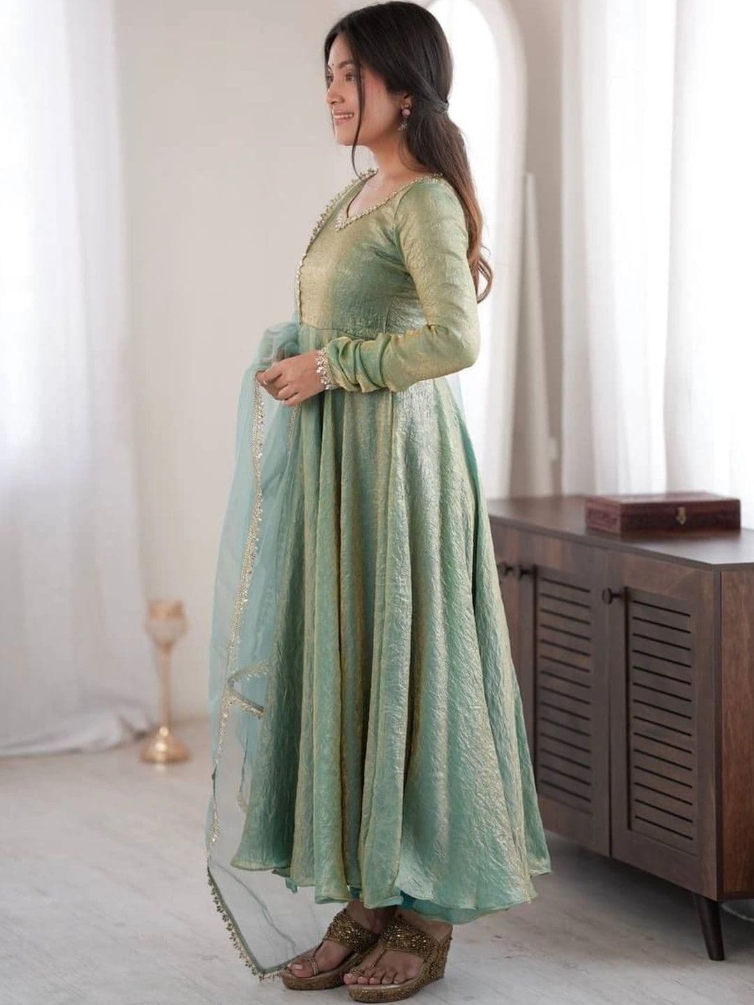 SAJAVAT ETHENIC WEAR Women Empire Gotta Patti Pure Silk Kurta with Trousers & With Dupatta thumbnail 7