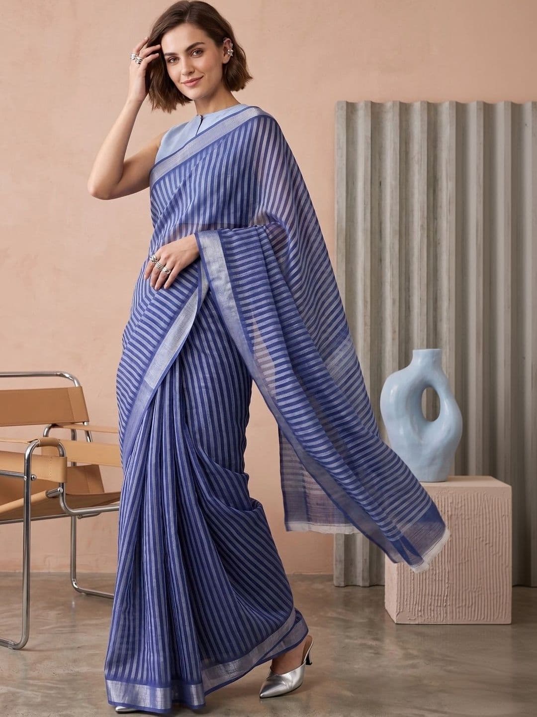 BORAD FASHION Striped Designer Chanderi Saree - view 1