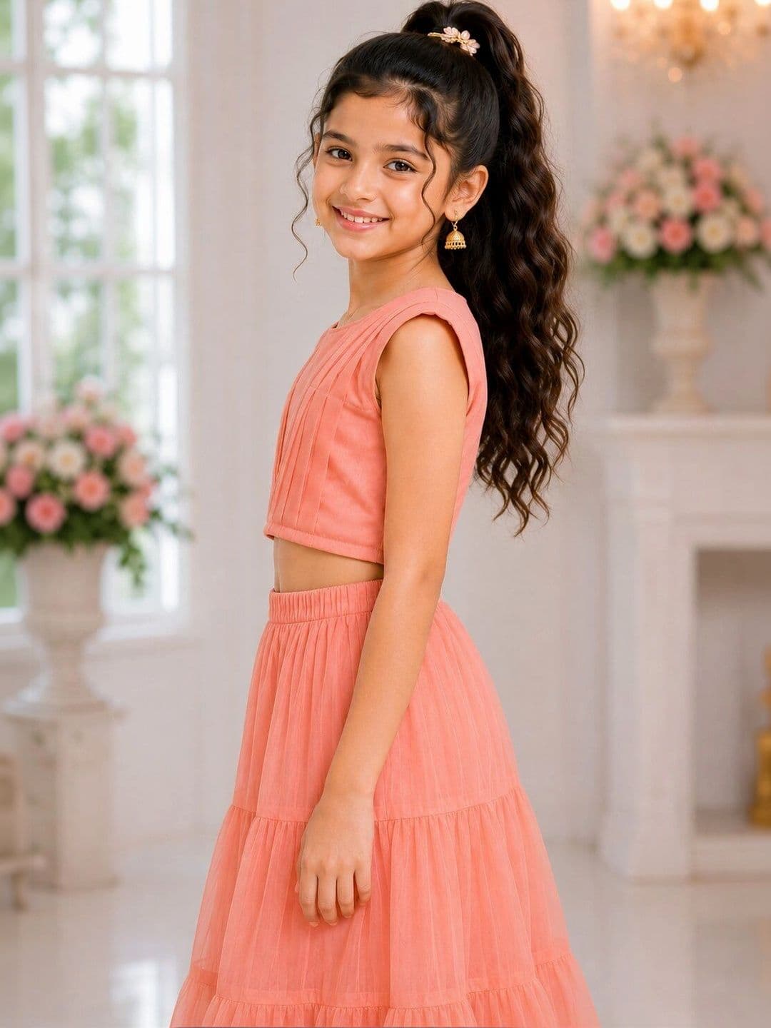 HERE&NOW Girls Round Neck Lehenga & Blouse With Dupatta thumbnail 3