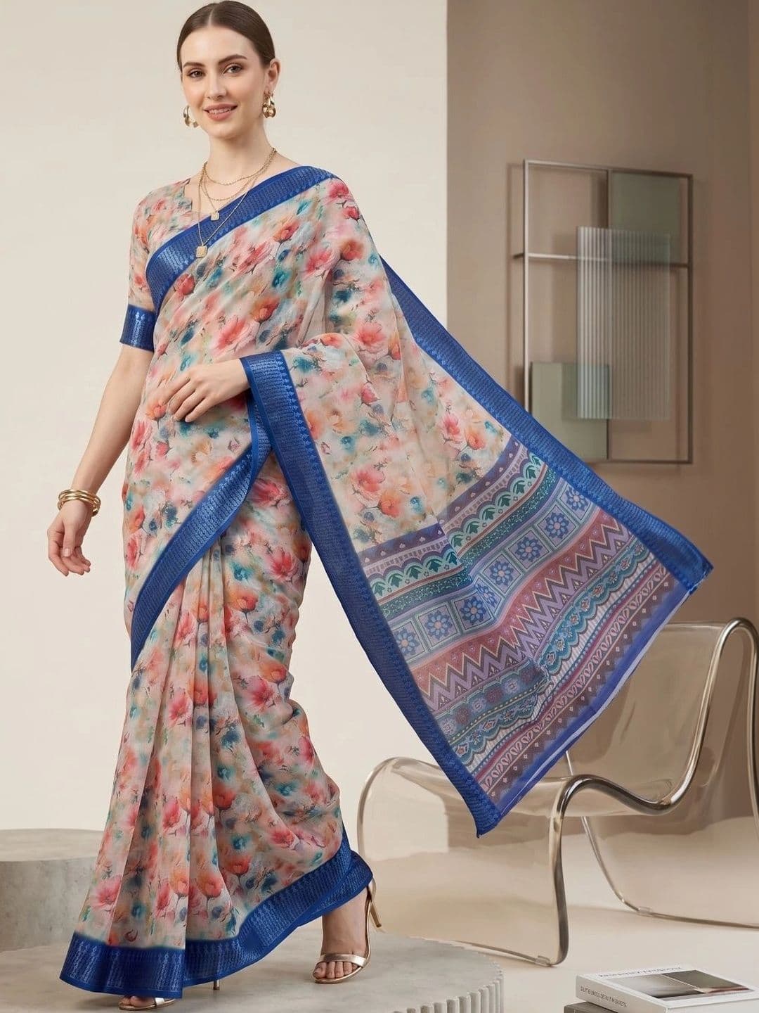 BORAD FASHION Women Floral Designer Chanderi Saree thumbnail 4