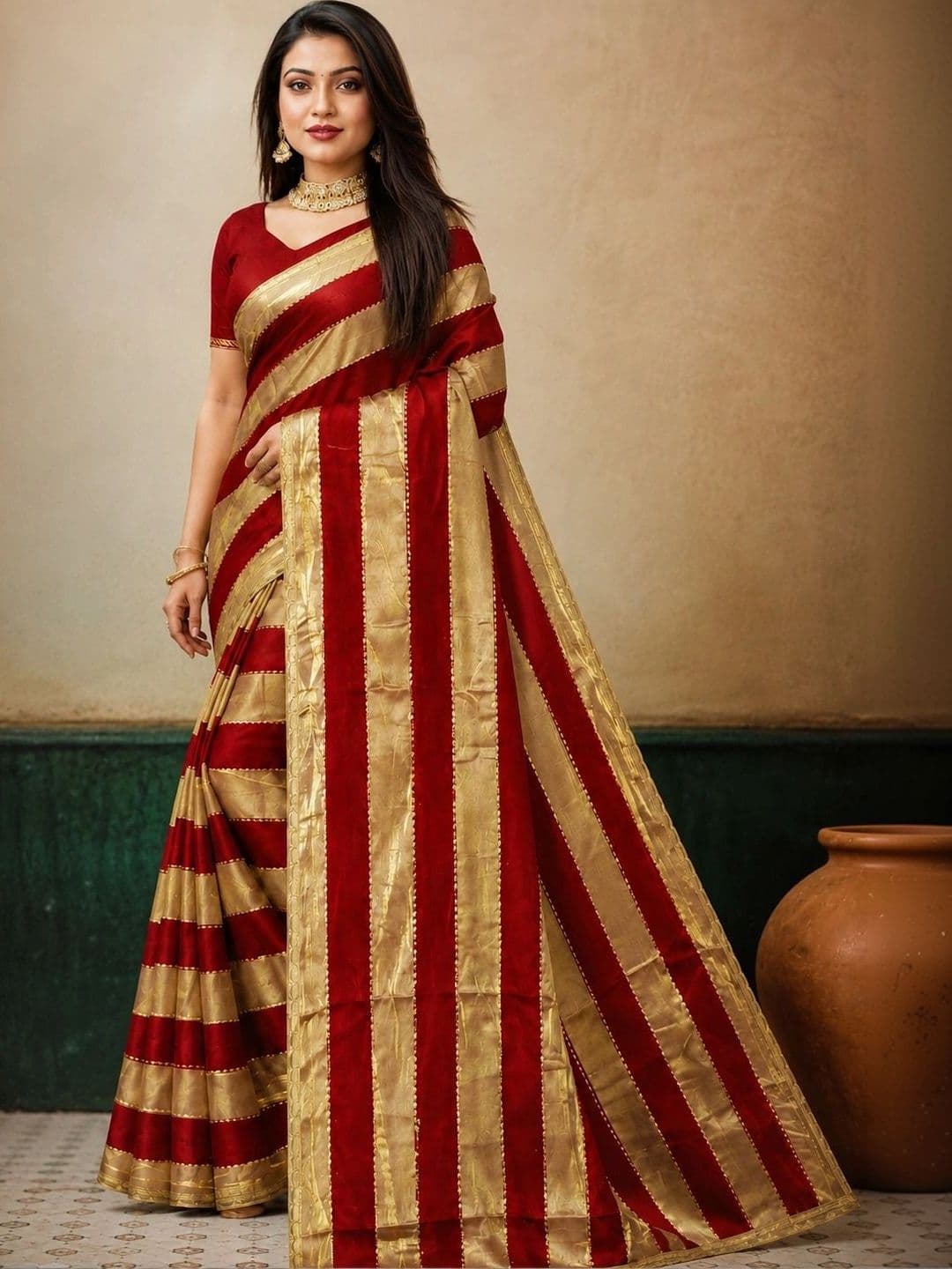 SARKAR TEXTILES Striped Zari Poly Georgette Leheriya Saree thumbnail 4