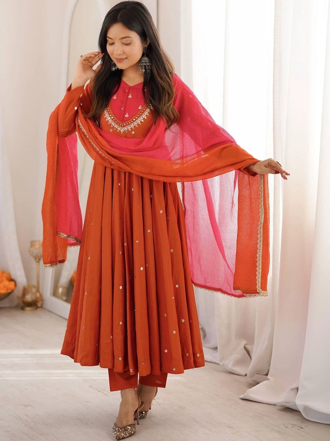 SAJAVAT ETHENIC WEAR Women Ethnic Motifs Empire Sequinned Kurta with Trousers & With Dupatta thumbnail 6
