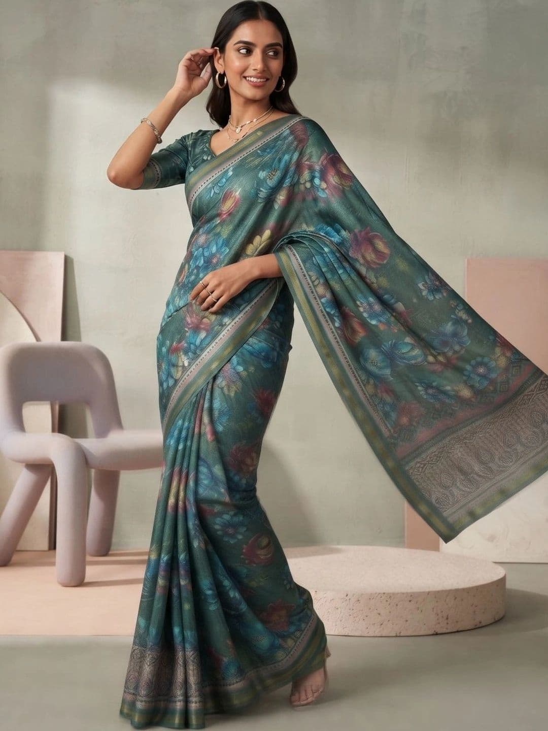 BORAD FASHION Women Floral Designer Chanderi Saree thumbnail 2