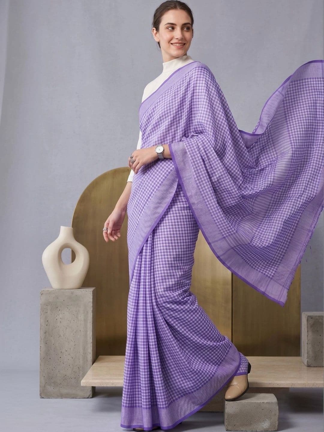 BORAD FASHION Checked Designer Chanderi Saree thumbnail 3