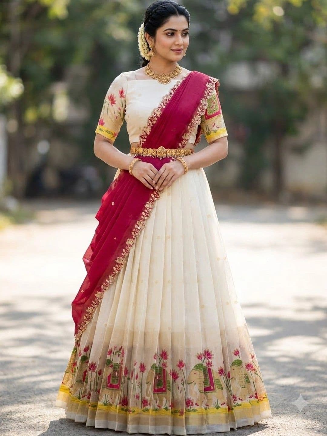 Fabcartz Printed Thread Work Semi-Stitched Lehenga & Unstitched Blouse With Dupatta - view 1