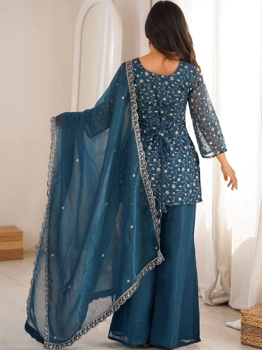 SAJAVAT ETHENIC WEAR Women Ethnic Motifs Embroidered Regular Thread Work Kurta with Palazzos & With Dupatta thumbnail 7