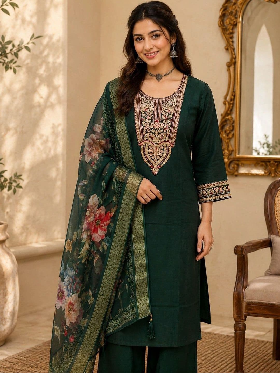 VASTRAHOUSE Women  Regular Thread Work Chanderi Cotton  Kurta & Trousers With Dupatta thumbnail 4