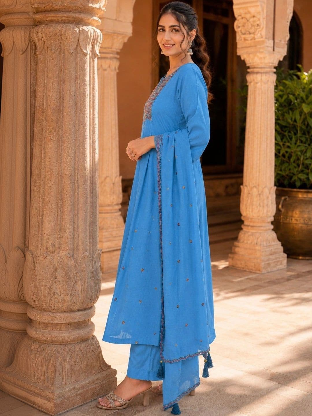 JEEREVA Women Ethnic Motifs Embroidered Regular Thread Work Kurta with Palazzos & With Dupatta thumbnail 2
