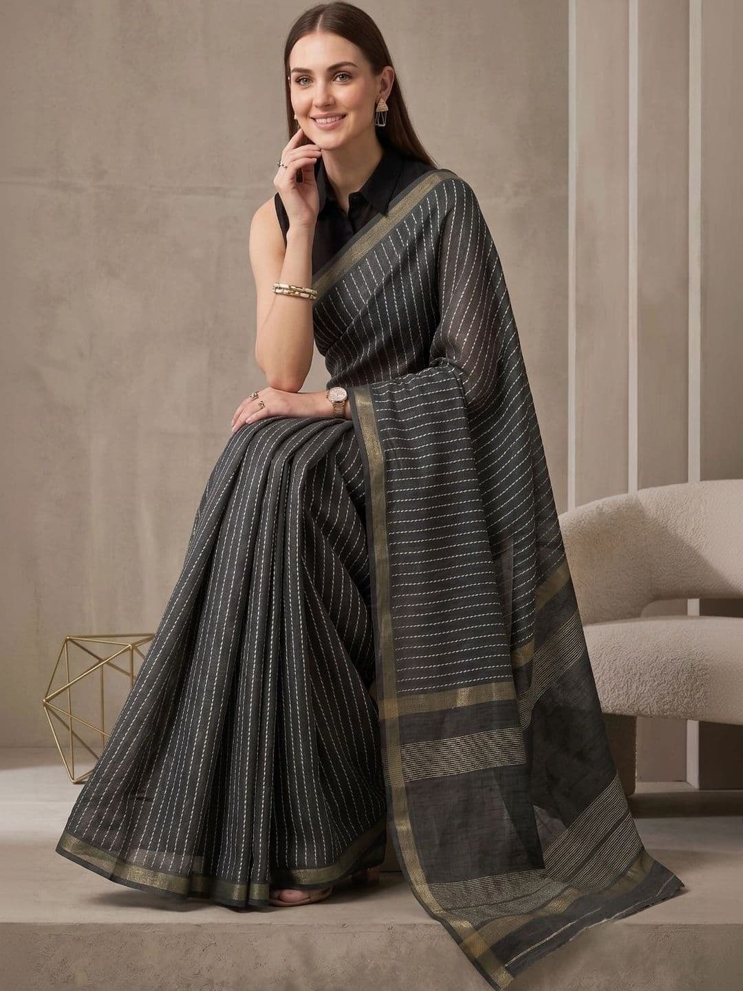 BORAD FASHION Striped Designer Chanderi Saree thumbnail 3