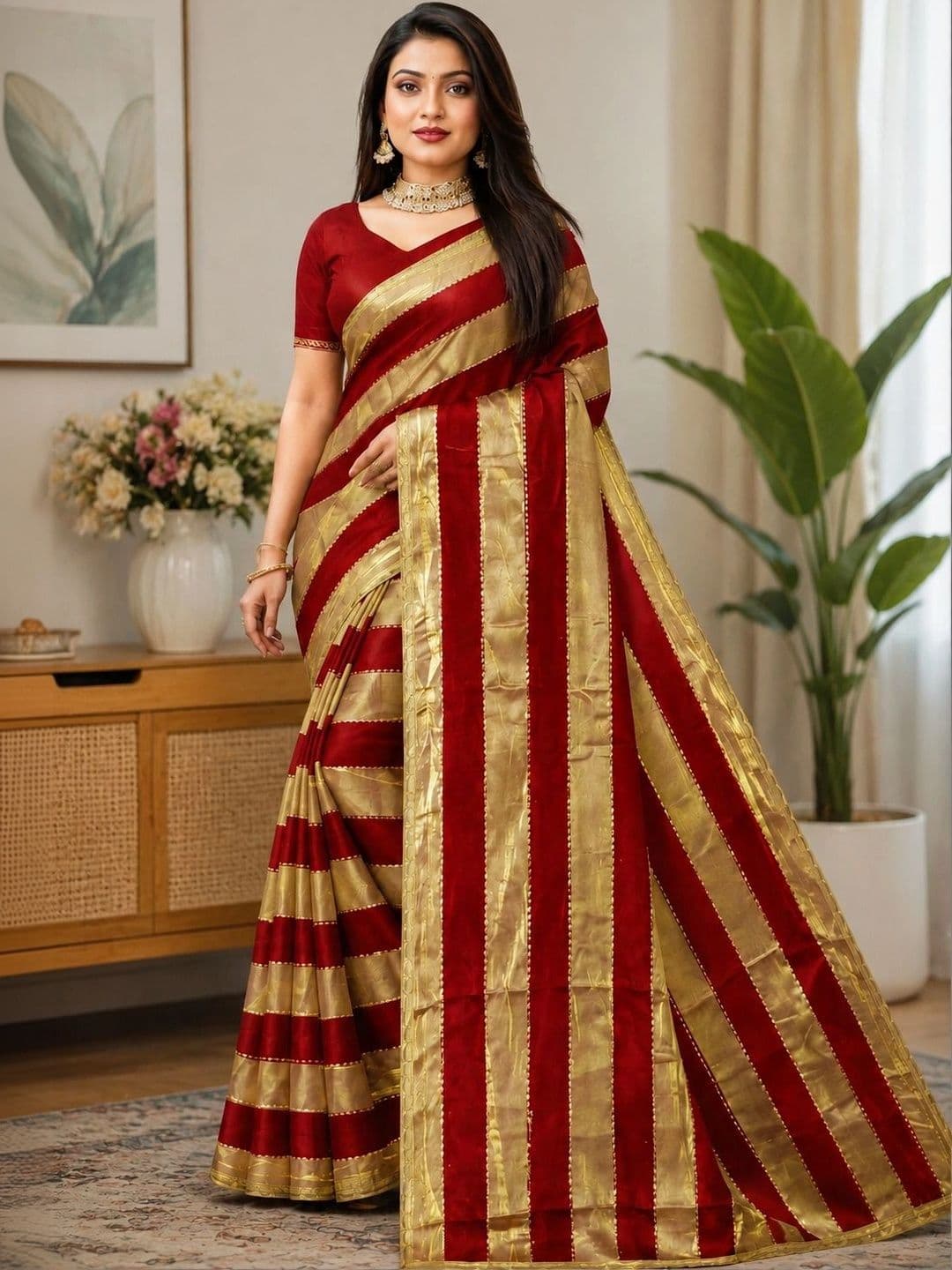 SARKAR TEXTILES Striped Zari Poly Georgette Leheriya Saree - view 1