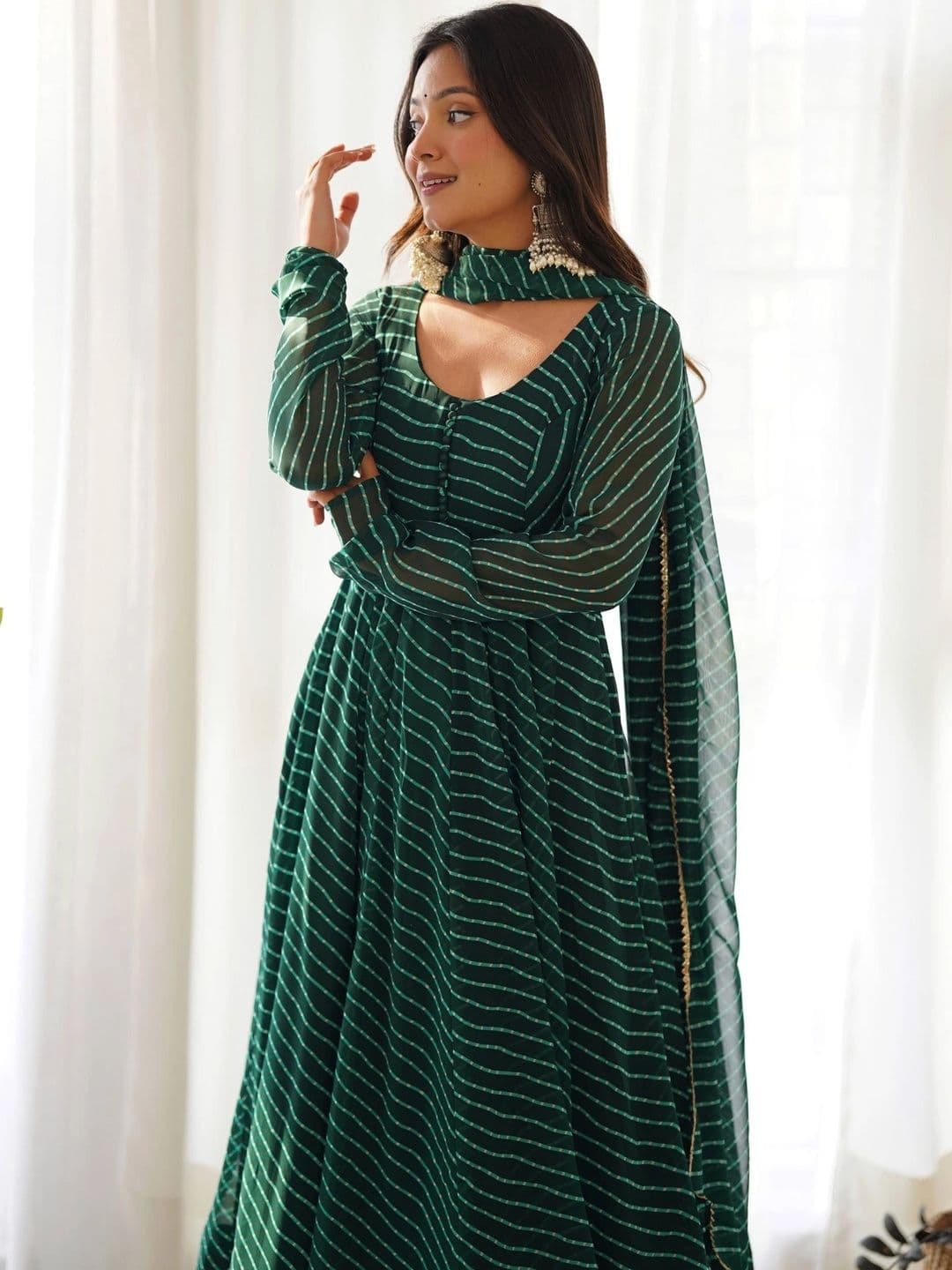 SAJAVAT ETHENIC WEAR Women Leheriya Printed Empire Kurta with Trousers & With Dupatta thumbnail 3