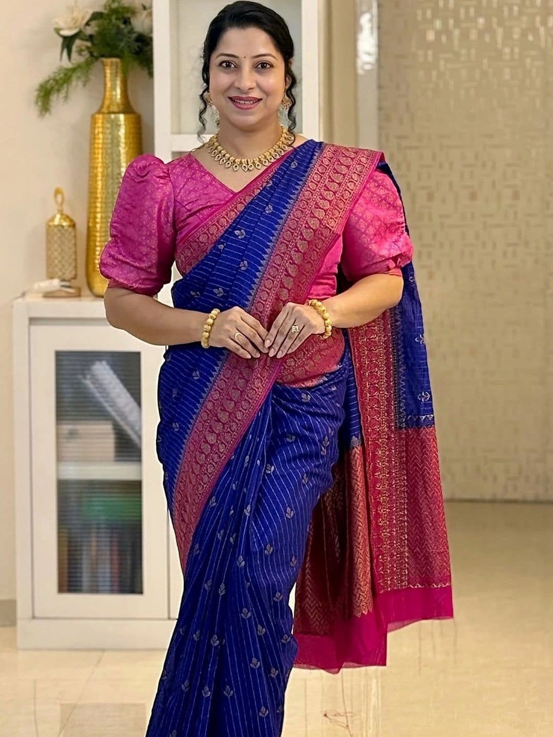 Mitera Striped Zari Silk Blend Banarasi Saree - view 1