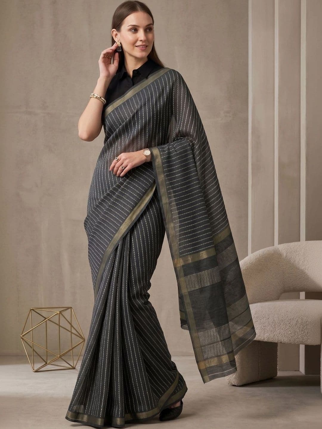 BORAD FASHION Striped Designer Chanderi Saree - view 1